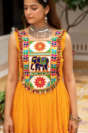 Yellow Color Bandhani Print work with kutchi patchework Faux Georgette Gown