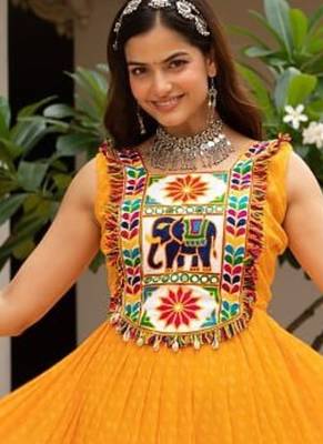 Yellow Color Bandhani Print work with kutchi patchework Faux Georgette Gown 4