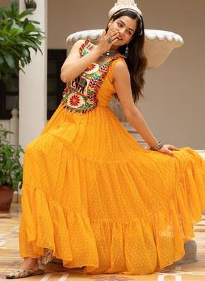 Yellow Color Bandhani Print work with kutchi patchework Faux Georgette Gown 5