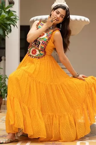 Yellow Color Bandhani Print work with kutchi patchework Faux Georgette Gown