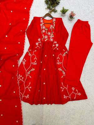 Red Color Sequnce Embroidery Chanderi Salwar Suit 1