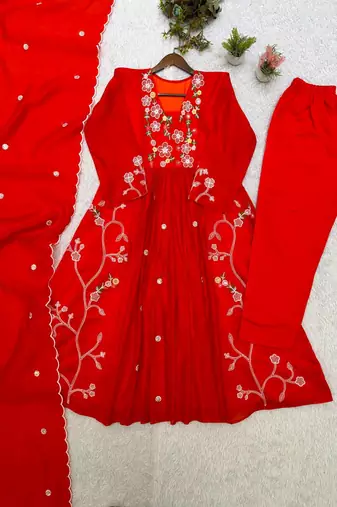 Red Color Sequnce Embroidery Chanderi Salwar Suit