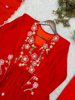 Red Color Sequnce Embroidery Chanderi Salwar Suit 2