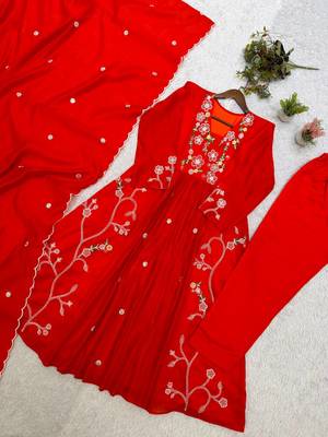 Red Color Sequnce Embroidery Chanderi Salwar Suit 3