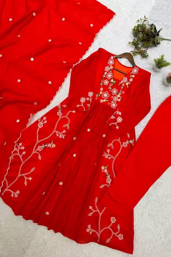 Red Color Sequnce Embroidery Chanderi Salwar Suit