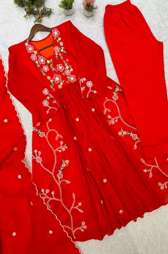 Red Color Sequnce Embroidery Chanderi Salwar Suit