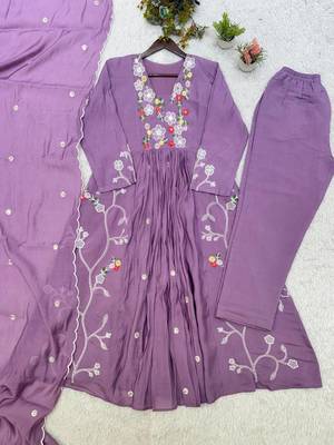 Lavender  Color Sequnce Embroidery Chanderi Salwar Suit 1