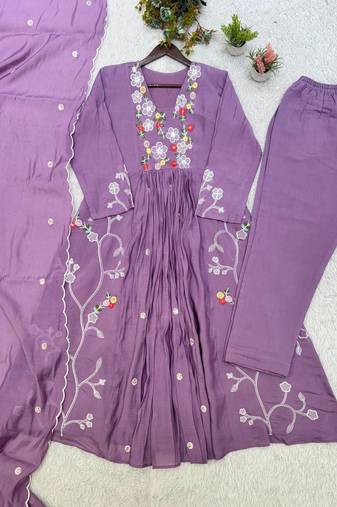 Lavender  Color Sequnce Embroidery Chanderi Salwar Suit