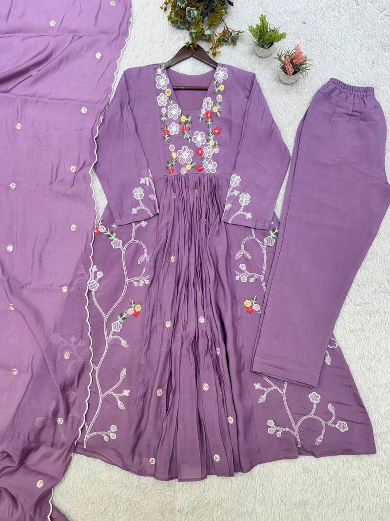 Lavender  Color Sequnce Embroidery Chanderi Salwar Suit