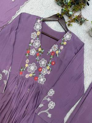 Lavender  Color Sequnce Embroidery Chanderi Salwar Suit 2