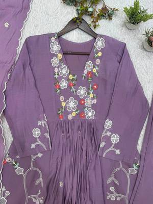 Lavender  Color Sequnce Embroidery Chanderi Salwar Suit 3