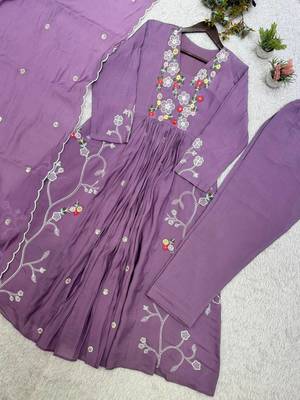 Lavender  Color Sequnce Embroidery Chanderi Salwar Suit 4