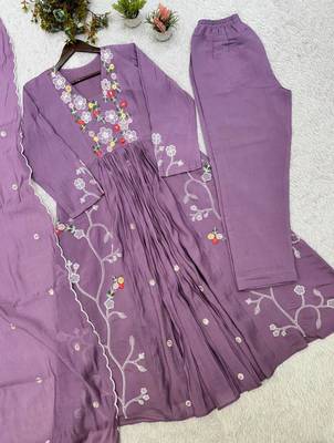 Lavender  Color Sequnce Embroidery Chanderi Salwar Suit 5