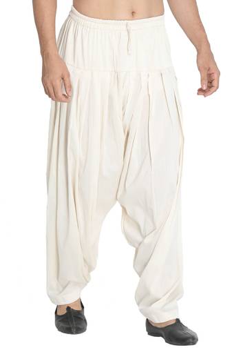 Mens cotton blend patiala pyjama - cream, relaxed fit with adjustable waistband