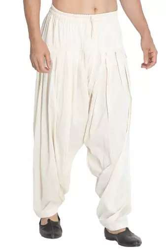 Mens cotton blend patiala pyjama - cream, relaxed fit with adjustable waistband