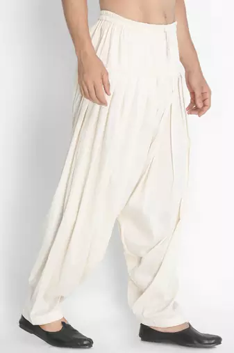 Mens cotton blend patiala pyjama - cream, relaxed fit with adjustable waistband