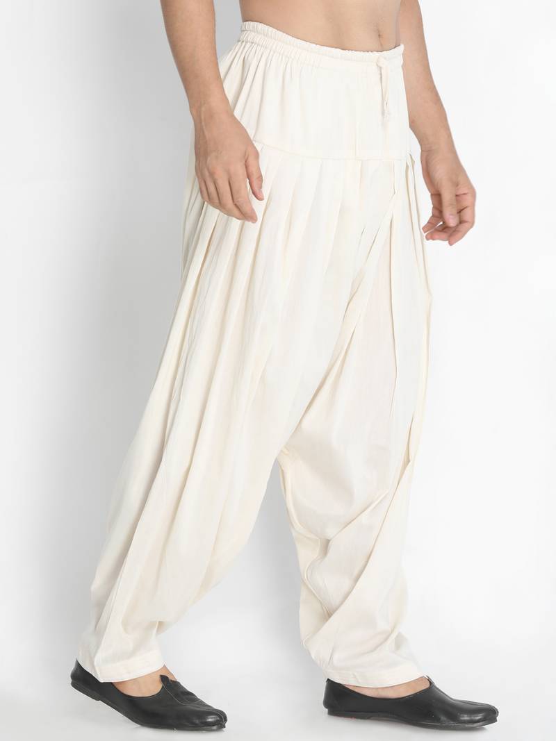 Mens cotton blend patiala pyjama - cream, relaxed fit with adjustable waistband