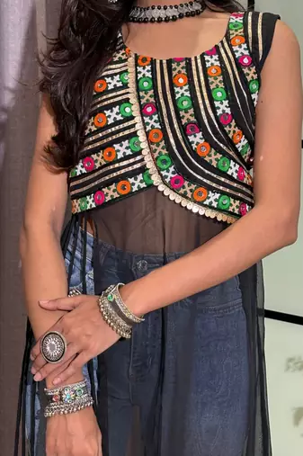 Black Color Kutchi Gamthi Lace Faux Georgette Kurti