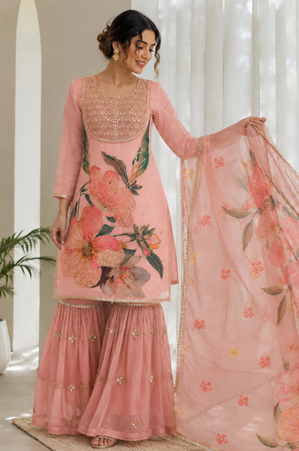 Baby Pink Color Sequnce Embroidery Printed and Organza 2Salwar Suit