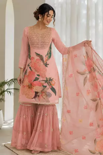 Baby Pink Color Sequnce Embroidery Printed and Organza 2Salwar Suit