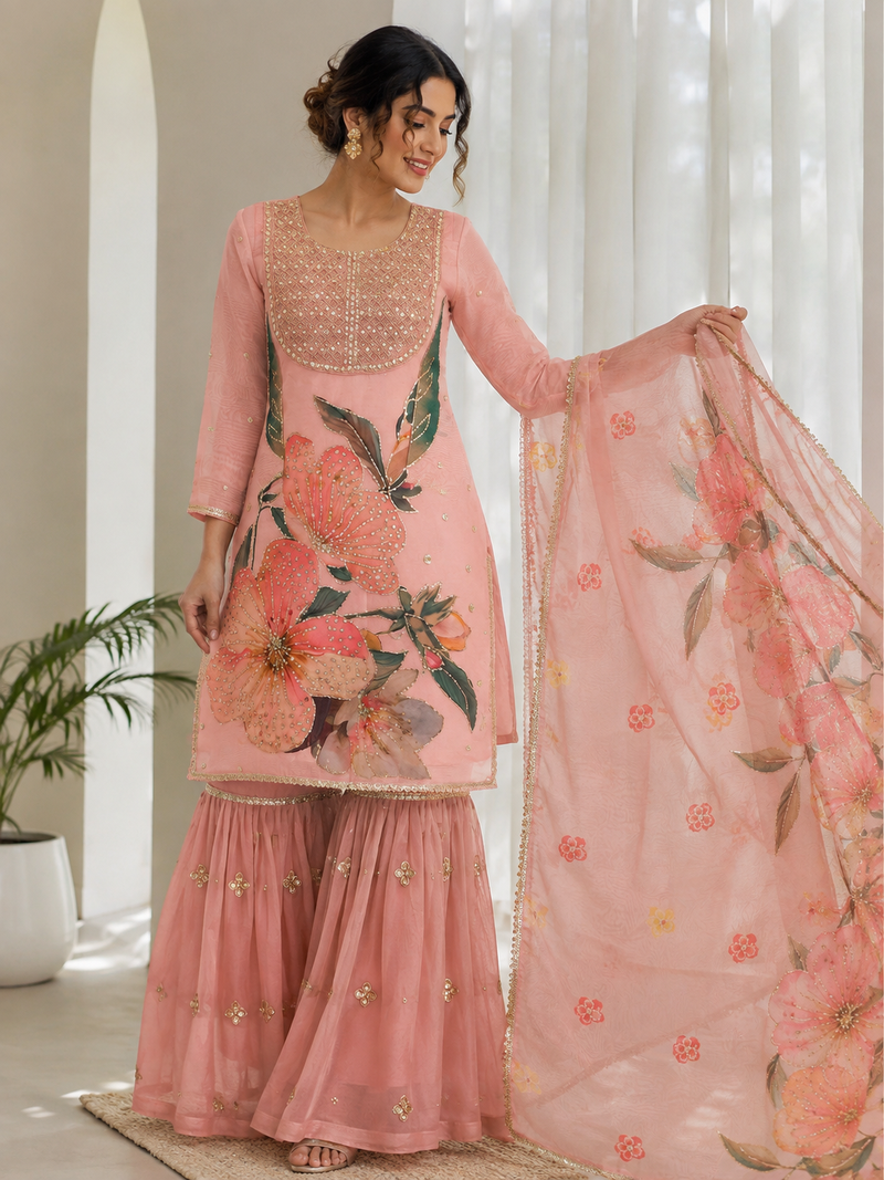Baby Pink Color Sequnce Embroidery Printed and Organza 2Salwar Suit