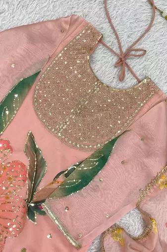 Baby Pink Color Sequnce Embroidery Printed and Organza 2Salwar Suit