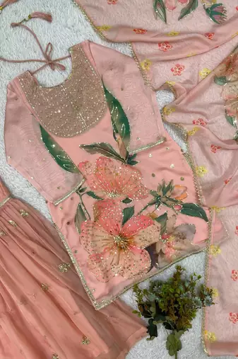 Baby Pink Color Sequnce Embroidery Printed and Organza 2Salwar Suit