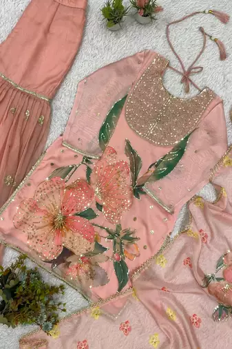 Baby Pink Color Sequnce Embroidery Printed and Organza 2Salwar Suit