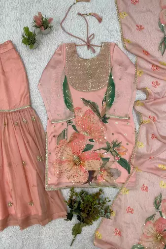 Baby Pink Color Sequnce Embroidery Printed and Organza 2Salwar Suit