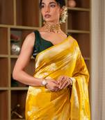 meher mustard viscose crepe saree with contrast blouse. 100% authentic handloom