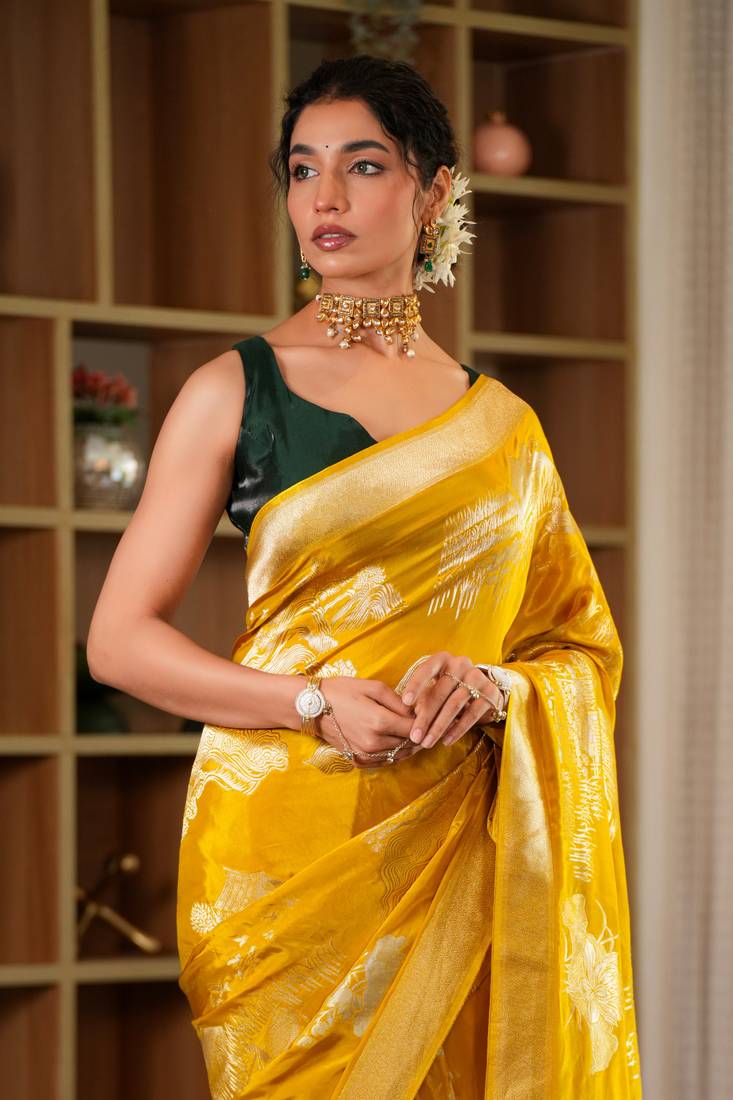 meher mustard viscose crepe saree with contrast blouse. 100% authentic handloom