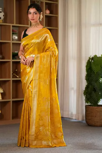 meher mustard viscose crepe saree with contrast blouse. 100% authentic handloom
