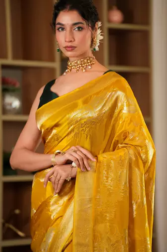 meher mustard viscose crepe saree with contrast blouse. 100% authentic handloom