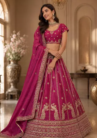 magenta color Sequins and Zari Embroidery and Thread work silk blend Lehenga Choli set