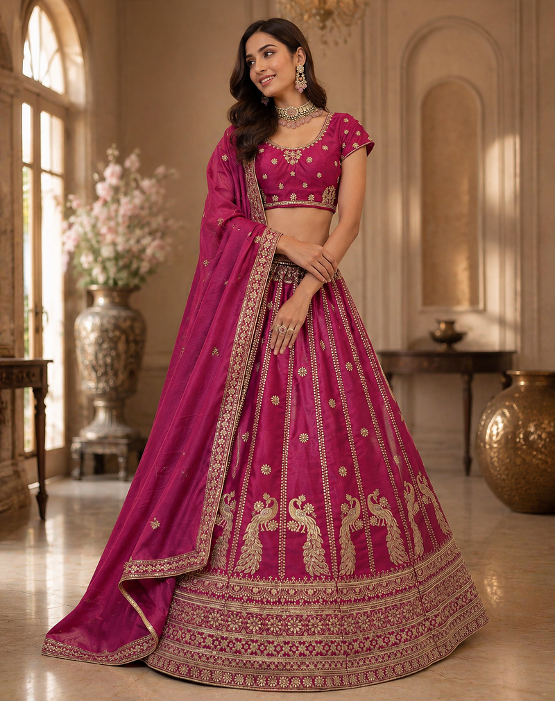 magenta color Sequins and Zari Embroidery and Thread work silk blend Lehenga Choli set
