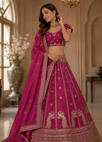 magenta color Sequins and Zari Embroidery and Thread work silk blend Lehenga Choli set