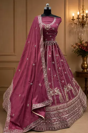 magenta color Sequins and Zari Embroidery and Thread work silk blend Lehenga Choli set
