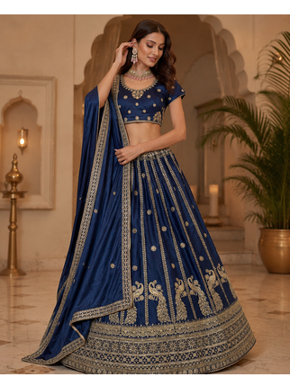 navy blue color Sequins and Zari Embroidery and Thread work silk blend Lehenga Choli set 1