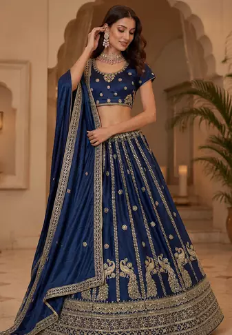 navy blue color Sequins and Zari Embroidery and Thread work silk blend Lehenga Choli set