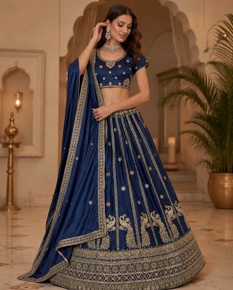navy blue color Sequins and Zari Embroidery and Thread work silk blend Lehenga Choli set