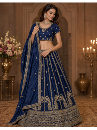 navy blue color Sequins and Zari Embroidery and Thread work silk blend Lehenga Choli set 2