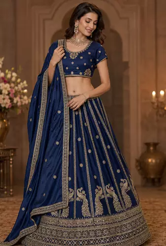 navy blue color Sequins and Zari Embroidery and Thread work silk blend Lehenga Choli set