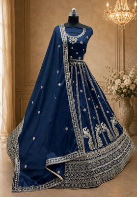navy blue color Sequins and Zari Embroidery and Thread work silk blend Lehenga Choli set 3