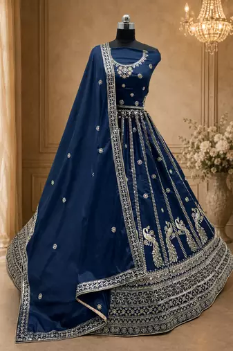 navy blue color Sequins and Zari Embroidery and Thread work silk blend Lehenga Choli set