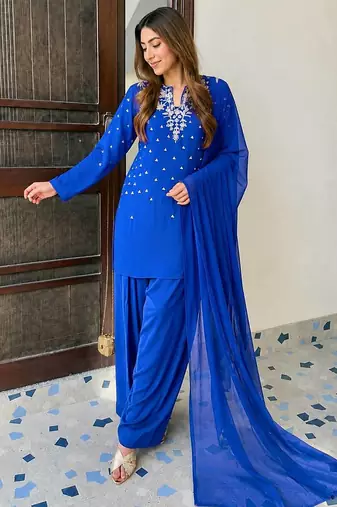 Blue Color Beautiful Fully Beads  & Sequins embroidery work Crepe Kurti Palazzo Set