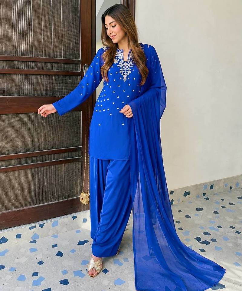 Blue Color Beautiful Fully Beads  & Sequins embroidery work Crepe Kurti Palazzo Set