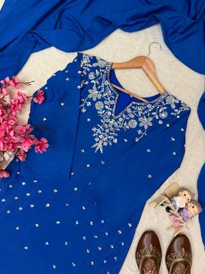 Blue Color Beautiful Fully Beads  & Sequins embroidery work Crepe Kurti Palazzo Set 2