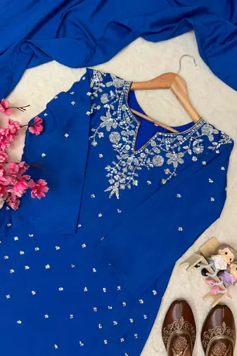 Blue Color Beautiful Fully Beads  & Sequins embroidery work Crepe Kurti Palazzo Set