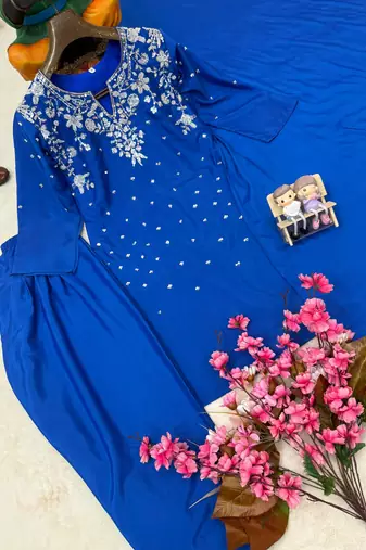 Blue Color Beautiful Fully Beads  & Sequins embroidery work Crepe Kurti Palazzo Set