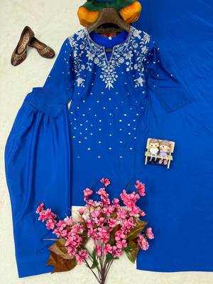 Blue Color Beautiful Fully Beads  & Sequins embroidery work Crepe Kurti Palazzo Set 4